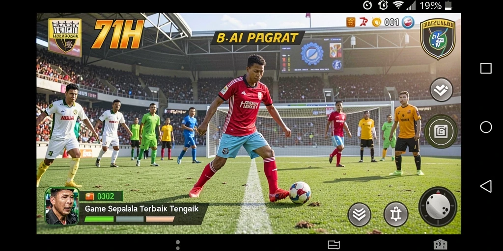 Screenshot gameplay yang menampilkan aksi seru di lapangan sepak bola.