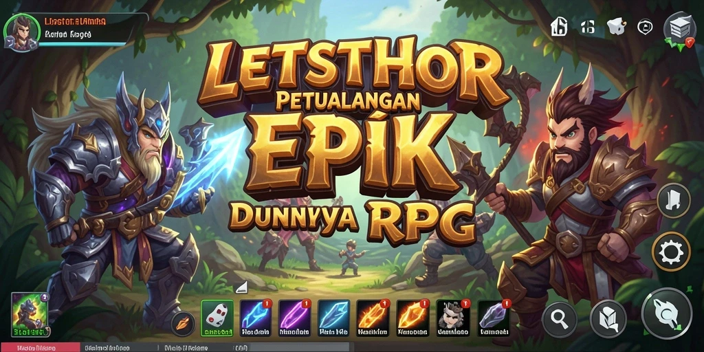 Screenshot utama LETSTHOR menunjukkan pertarungan seru di dunia RPG.