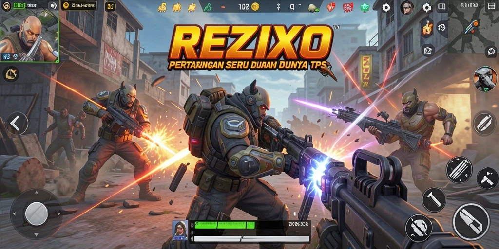 Screenshot gameplay <strong>REZIXO</strong> menampilkan aksi pertempuran seru.