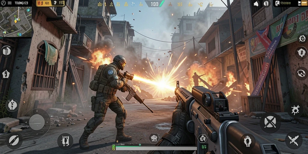 Gameplay mendebarkan dalam pertempuran FPS yang intens.