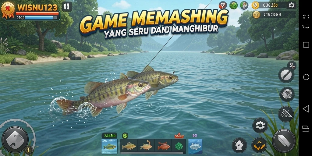 Gameplay WISNU123 yang menampilkan momen menangkap ikan.